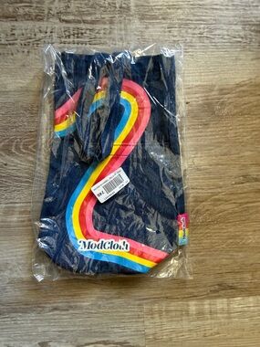 NWT Modcloth Groovy Denim Wine Tote with Pink, Yellow & Blue Curved Stripe